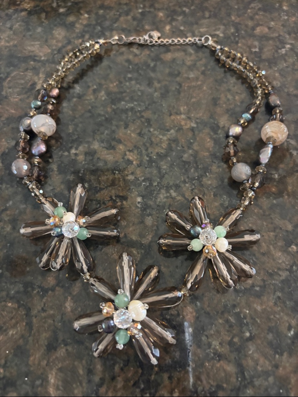Nakamol Smoky Gray and Mint Floral Crystal Necklace